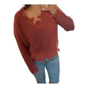Magnolia Boutique, Fall Dusty Rose Sweater, Frayed Hem, Medium